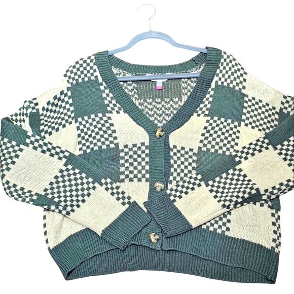XXL Cropped Checkered Cardigan Y2K Revival Oversized Retro Aesthetic Cozy NWT - Picture 4 of 11
